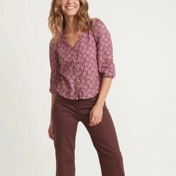 Marine Layer Colette Top Printed Doublecloth Fan Block Print Pink Purple NWT S - Picture 2 of 8